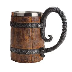 a wooden mug with metal handles on it