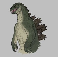 a drawing of a dinosaur with an angry look on its face and tail, standing in front of a gray background