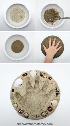 the steps to make a sand art project with hands and seashells on it