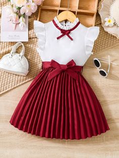 Rojo Dulce Collar Manga capa Tela Color combinado  Embellished No-Elástico Dress For Christmas, Shein Kids, Baby Dresses, Layer Dress, Flounce Sleeve, Christmas Dress, Kids Beachwear, Fashion Pictures, Ruffle Trim