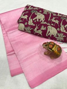 It's a beautiful mangalgiri cotton silk saree with one plain blouse and one kalamkari blouse . Saree length - 5.5 mtr Blouse length - 1 mtr. Running blouse + 1 kalamkari blouse  More color options are available .  It is easy to care but dry clean only .  You can inform us for fall and Pico ..it's free if charge ..but only after your confirmation . Do not hesitate to ask anything ..feel free to message us while purchasing . Blouse stitching is also available . Color may be a little vary due to li Pink Kalamkari Print Saree, Pink Unstitched Kalamkari Print Saree, Pink Unstitched Saree With Kalamkari Print, Pink Chanderi Kalamkari Print Saree, Pink Chanderi Saree With Kalamkari Print, Pink Cotton Handloom Saree, Unstitched Pink Cotton Blouse Piece, Cotton Blouse Piece With Printed Border For Diwali, Pre-draped Cotton Saree With Unstitched Blouse