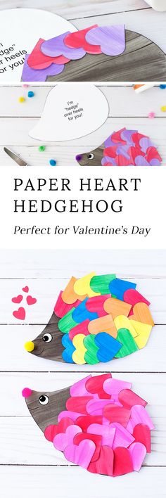 paper heart hedgehog craft for valentine's day on a white wooden table with hearts