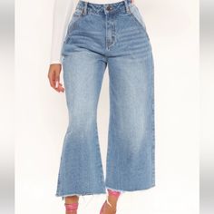 Ultra High Waste Medium Wash Wide Leg Jeans Non Stretch Size 11 Cropped Medium Wash Bottoms For Day Out, Blue Cropped Leg Bottoms For Day Out, Blue Cropped Bottoms With Frayed Hem, Cropped Blue Bottoms With Frayed Hem, Casual Blue Cropped Bottoms, Chic Cropped Blue Jeans, Blue Cropped Bottoms For Spring, Fashion Nova Jeans, Jeans Color