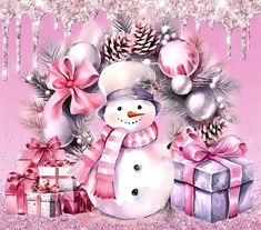 a snowman surrounded by presents and christmas trees with pink bows on it's head