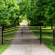 an open gate leading into a park with trees on both sides and gravel road in the middle