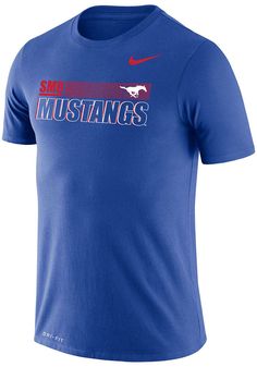 Keep cool while showing your SMU Mustangs spirit in this Blue Legend Sideline T Shirt. This Short Sleeve is the perfect Tee for working out, heading to class, or cheering on the Mustangs. Featuring a screen print of SMU Mustangs Sideline graphic on front chest, there's no mistaking your SMU Mustangs pride in this Mustangs Legend Sideline T Shirt! Dri Fit Performance, Self fabric neckband, Streamlined athletic fit, Unisex, 100% Polyester Cheap Blue Tops For Team Spirit, Nike Sports T-shirt With Team Logo, Blue Jersey T-shirt Sportswear, Blue Jersey T-shirt For Team Events, Blue Jersey T-shirt For Sportswear, Dri-fit T-shirt For Sports Events, Blue T-shirt For Team Events During Sports Season, Sports Jersey Top With Team Logo, Collegiate Blue Tops For Team Events