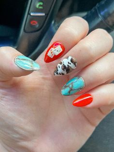 Hand painted custom press on nails by Lexi Maulden Megan Moroney Nail Ideas, Santa Fe Nails, Almond Nails Designs Western, Western Christmas Nails Ideas, Cute Western Paintings Easy, Turquoise Christmas Nails, Zach Bryan Nail Ideas, Western Nails Turquoise