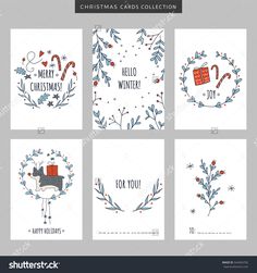 christmas cards collection with cute animals and wreaths on the front, back and side