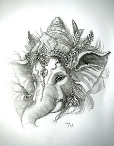 pencil drawing of an elephant's head with feathers on it