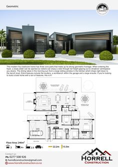 the floor plan for a modern house with two garages and three living areas in it