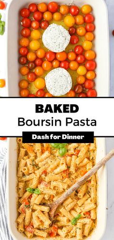 baked boursin pasta in a casserole dish with tomatoes and basil on the side