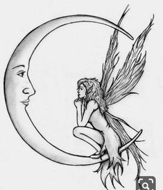 a drawing of a fairy sitting on the moon