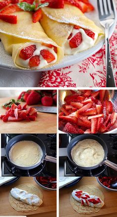 strawberry crepes with whipped cream and fresh strawberries on the top are ready to be eaten