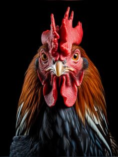 a close up of a rooster's head with red combs and black background