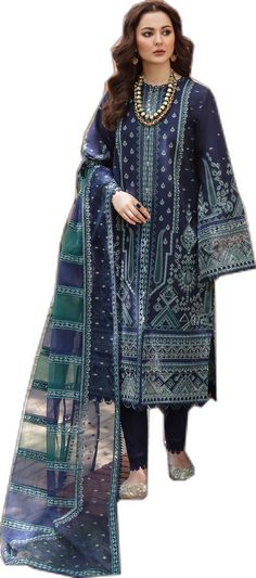 Embroidered Pakistani Dress in Lawn Salwar Kameez Style Blue Cambric Dress For Eid, Blue Anarkali Lawn Suit With Embroidered Border, Designer Blue Dresses With Embroidered Border, Blue Embroidered Cambric Dress, Blue Anarkali Unstitched Suit With Embroidered Border, Eid Lawn Suit With Embroidered Border And Straight Kurta, Eid Lawn Suit With Embroidered Border, Anarkali Lawn Suit With Embroidered Border And Long Sleeves, Lawn Suit With Embroidered Border For Eid