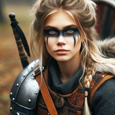 Warrior Makeup Female, Warrior Hairstyles Woman, Viking Makeup Female Warrior, Viking Outfits, Woman Viking, Viking Halloween