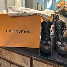 ***Holiday/Christmas Gift*** Louis Vuitton Women's Laureate Platform Desert Boot Green Authentic Louis Vuitton Boots!! New!!! Size 37/7 Brand New Condition With Box And Dust Covers For Each Boot!!!!!!! *With Its Wrap-Around Leather Laces, Platform Construction And Treaded Rubber Outsole, The Laureate Desert Boot Is One Of Louis Vuitton's Most Recognizable Styles. Crafted From Soft Suede Calf Leather With Trim In Iconic Monogram Canvas, This Version Combines A Go-Anywhere Spirit With True Fashion Laureate Platform Desert Boot, Laureate Platform, Desert Boot, Louis Vuitton Boots, Cute Boots, Beautiful Boots, Louis Vuitton Shoes, Desert Boots, Soft Suede