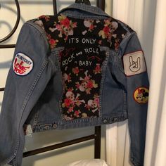 One Of A Kind. Denim Jacket! Amazing!!! Edgy Blue Denim Jacket With Pockets, Trendy Cotton Biker Jacket For Spring, Grunge Denim Jacket With Patches For Fall, Edgy Fitted Denim Biker Jacket, Edgy Blue Spring Outerwear, Edgy Blue Outerwear For Spring, Spring Grunge Denim Jacket With Patches, Fitted Denim Grunge Outerwear, Fitted Denim Jacket With Patches For Winter