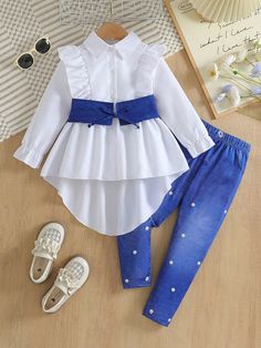 2 piezas Conjunto elegante de niña joven de unicolor con camisa de manga larga con cuello y pantalones, primavera y otoño Azul     Geométrico  No-Elástico  Young Girls Clothing, size features are:Bust: ,Length: ,Sleeve Length: Slim Leggings, Outfit For Fall, Trouser Style, Outdoor Wear, Long Sleeve Tunic, Shirt And Pants, Girls Clothing, Long Sleeve Shirt, Spring Outfits