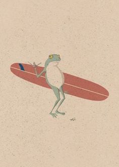 a frog is carrying a surfboard on its back