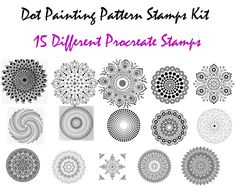 an assortment of different circular designs with the text, dot painting pattern stamp kit 15 different preset stamps