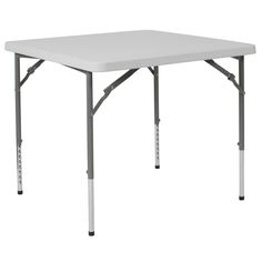 a white plastic table with metal legs