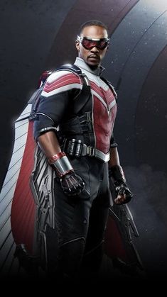 a man dressed as captain america standing in front of a black background