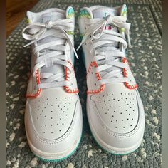 These Youth Jordan Sneakers Were Worn Once And In Great Conditionthey Have Minor Scuff Marks As Pictured. They Are White With Some Orange And Dark Pink Stitching, Dark Teal Nike Emblem. Original Beads On The Laces Are Not Available. Jordan 1 Mid White Pink Green Soar, Casual Orange Mid-top Basketball Shoes, Air Jordan 1 Mid Barely Orange, Sporty Orange High-top Jordan Shoes, Orange Air Jordan Mid, Teal Nikes, Air Jordan 1 Mid Se, Jordan Sneakers, Kids Jordans