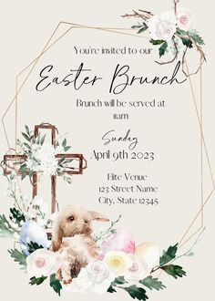 an easter brunch flyer with flowers and a lamb in the center on a white background