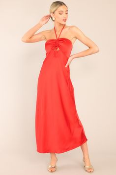 This red dress features a halter neckline with a self-tie at the back of the neck, a ruched self-tie detail at the bust, a key-hole detail at the bust, a smocked section at the back of the bust, a hidden side zipper, and a flowy skirt. Red Midi, Sorority Rush Dresses, Rush Dresses, Red Dress Boutique, Halter Midi Dress, Red Midi Dress, Mink Pink, Dress Bra, Long Crop Top