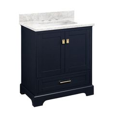 an image of a bathroom vanity with marble counter top and dark blue cabinet door drawers