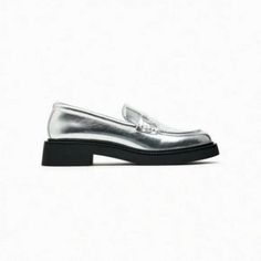 Zara Metallic Loafers Brand: Zara Condition: New With Tags Flat Loafers High Vamp With Saddle Rounded Toe Metallic Effect Sole Height: 1.2 Inches (3 Cm) Gray Slip-on Loafers For Spring, Gray Round Toe Loafers For Spring, Gray Spring Loafers With Flat Heel, Gray Flat Heel Loafers For Spring, Formal Spring Flats With Metal Feet, Formal Flats With Metallic Accents For Spring, Silver Slip-on Business Loafers, Silver Slip-on Loafers For Business, Spring Formal Platform Loafers With Flat Heel