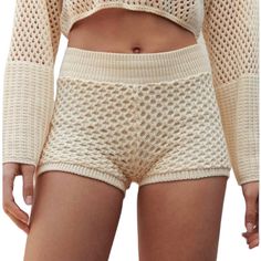 New With The Tag! Adorable Zara Cream Crochet Knit Shorts Cream Knit Loosely Woven Crochet With Lining Underneath Wide Stretchy Elastic Waistband Ribbed Leg Hem High Waisted Pull On Styling Stretchy Lined Size Small Approximate Measurements Laying Flat: Waist - 10.5” - 18” (Stretched) Across Front Front Rise - 12” Inseam - 2.25” Tags: Crochet Micro Knit Fitted Knit Shorts For Summer, White Pointelle Knit Bottoms For Summer, Short Knit Stretch Bottoms, Summer Stretch Pointelle Knit Bottoms, Fitted Cream Knit Bottoms, Spring Knit Bottoms, Fitted Knit Beige Bottoms, Spring Knit Bottoms Of Short Length, Spring Knitted Fitted Bottoms