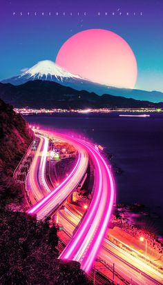 an image of the sun setting over a mountain with cars going down it's road