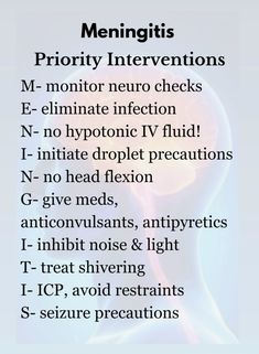 Easily remember the NEED TO KNOW nursing interventions for patients with meningitis with this acronym! Click through for the full video covering the priority nursung care for patients with acute meningitis.  Nursing | Nursing school | Nursing students | Med surg nursing | Neurological disorders | Nursing interventions | Nursing care plan | Meningitis Nursing Mnemonics Med Surg, Respitory Therapist, Doctor Facts, Paramedic Study, Neuro Nursing, Nclex Notes, Nursing Interventions, Pass Nursing School, Neuro Nurse