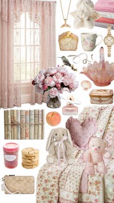 a collage of pink and white items including a bed, window, vase with flowers