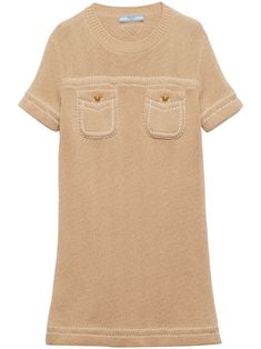 beige cotton knitted construction contrast stitching triangle logo crew neck pull-on style short sleeves chest patch pocket thigh-length straight hem Prada Mini, Cotton Mini Dress, Yoko London, Triangle Logo, Knit Sweater Dress, Exclusive Fashion, Knit Cotton, Lady Dior, Cotton Knit