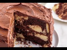 a chocolate cake with one slice cut out