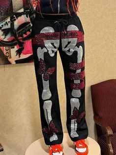 Gothic Skull Rhinestone Print Sweatpants - AnotherChill Rhinestone Sweatpants, Skull Rhinestones, Gothic Fabric, Skull Pants, Street Style Aesthetic, Street Punk, Sweatpants Black, Vintage Hip Hop, 2000s Outfits