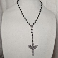 Death Moth With Cross Gothic Black Beaded Rosary Necklace Measures Approximately 18 Inches With A Lobster Clasp And 1.5 Inch Extension Chain Gothic Rosary Aesthetic, Gothic Rosary Necklace, Rosary Necklace Aesthetic, Black Rosary Necklace, Rosary Ideas, Alex Core, Cross Gothic, Skull Moth, Rosary Style Necklace