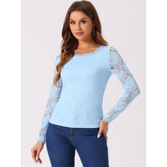 This lace top features a scalloped round neck, sheer long sleeves, and a slim silhouette. It is suitable for working, parties, shopping, and many occasions. Slight stretchy fabric creates a breezy, textural base for this lace top, which is accented with a puff sleeve for a feminine dimension. Slim Fit, shows your perfect curve. A nice choice to wear it for a sweet date or a dance party. Long Sleeve Lace Top With Sheer Sleeves, Lace Top With Lace Sleeves And Crew Neck, Lace Tops With Crew Neck And Lace Sleeves, Party Blouse With Lace Top And Crew Neck, Spring Lace Top With Crew Neck And Lace Sleeves, Long Sleeve Scalloped Lace Blouse For Spring, Scalloped Lace Long Sleeve Party Tops, Long Sleeve Lace Trim Party Tops, Spring Long Sleeve Blouse With Scalloped Lace