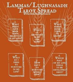 an orange poster with white writing on it that says lamaamas / lughnasahh tarot spread