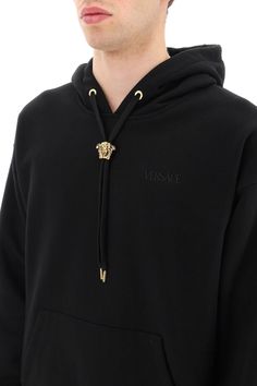 100% cotton Luxury Cotton Crew Neck Sweatshirt, Luxury Cotton Sweatshirt For Fall, Designer Cotton Sweatshirt With Ribbed Cuffs, Designer Cotton Sweatshirt With Logo Detail, Luxury Cotton Sweatshirt With Embroidered Logo, Luxury Cotton Hoodie With Logo Detail, Luxury Black Cotton Sweatshirt, 2023 Color, Versace Sweatshirt