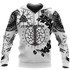 a white hoodie with black and white designs on the front, along with other symbols