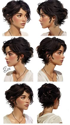 Laura Croft Hair, Tomboy Hair Color, Short Hair Female Character Design, Fantasy Hairstyles Short, Short Fantasy Hair, Curly Hairstyles Drawing Reference, Female Hair Ideas, Curly Hairstyles Drawing, Hairstyles Drawing Reference