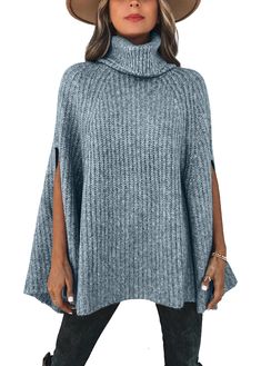 PRICES MAY VARY. Size Guide: S=US 4-6, M=US 8-10, L=US 12-14, XL=US 16. Womens turtleneck poncho sweater, high-quality stretchy fabric. Soft and a good thickness for warmth. Wrap cape sweater casual loose. It's so comfy and flattering on all body types! Features: Fall sweaters for women 2024, winter sweaters for women, chunky knit turtleneck sweater, long sleeves, high neck, solid color, elegant and chic sleeveless half split design on front, soft, relaxed fit, stretchy. Trendy poncho sweater wo Wrap Sweaters, Cape For Women, Cape Fashion, Fall Sweaters For Women, Winter Turtleneck, Cape Wrap, Turtleneck Poncho, Elegant Sweater, Knitted Cape