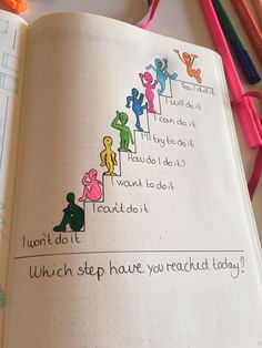 an open notebook with colorful stickers on it and writing in the pages that read, i don't do it which step have you reached today?