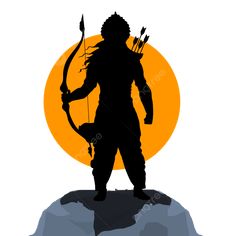 the silhouette of a person with an arrow and bow on top of a rock in front of a setting sun