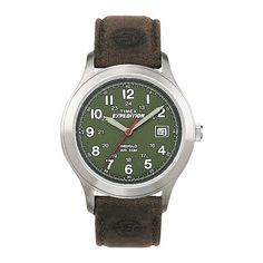 This watch is the perfect companion for the tough and rugged outdoorsman who enjoys accurate timing, no matter where his journey takes him. Brand: TimexDial Color: GreenStrap: Brown leatherMovement: QuartzWater Resistance: 50mCase Width: 39mmCase Thickness: 9mmModel No.: T400519JSpecial Features: Date display Jewelry photos are enlarged to show detail. Classic Durable Watches, Leather Watch With 10atm Water Resistance, Classic Outdoor Watch With Analog Display, Automatic Watches For Outdoor Activities, Casual Outdoor Chronograph Watches, Outdoor Watch Accessories With Analog Display, Casual Leather Watch Accessories For Outdoor, Casual Outdoor Watch Accessories With 10atm Water Resistance, Durable Brown Watch Accessories For Outdoor