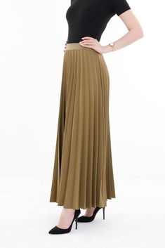 Khaki Pleated Maxi Skirt Elastic Waist Band Ankle Length Skirt Glinetex Khaki Long Pleated Skirt, Khaki Pleated Midi Skirt, Beige Full Length Pleated Skirt, Pleated Khaki Skirt, Khaki Pleated Skirt, Corporate Dress, Comfortable Skirts, Ankle Length Skirt, Pleated Maxi Skirt